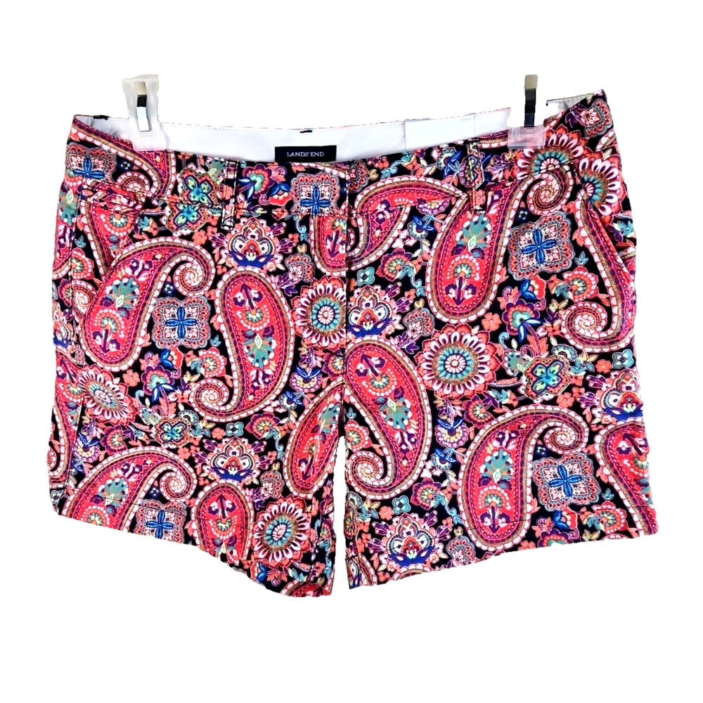 NWT Lands End Shorts Womens Size 10 Paisley Navy Pink Green Linen